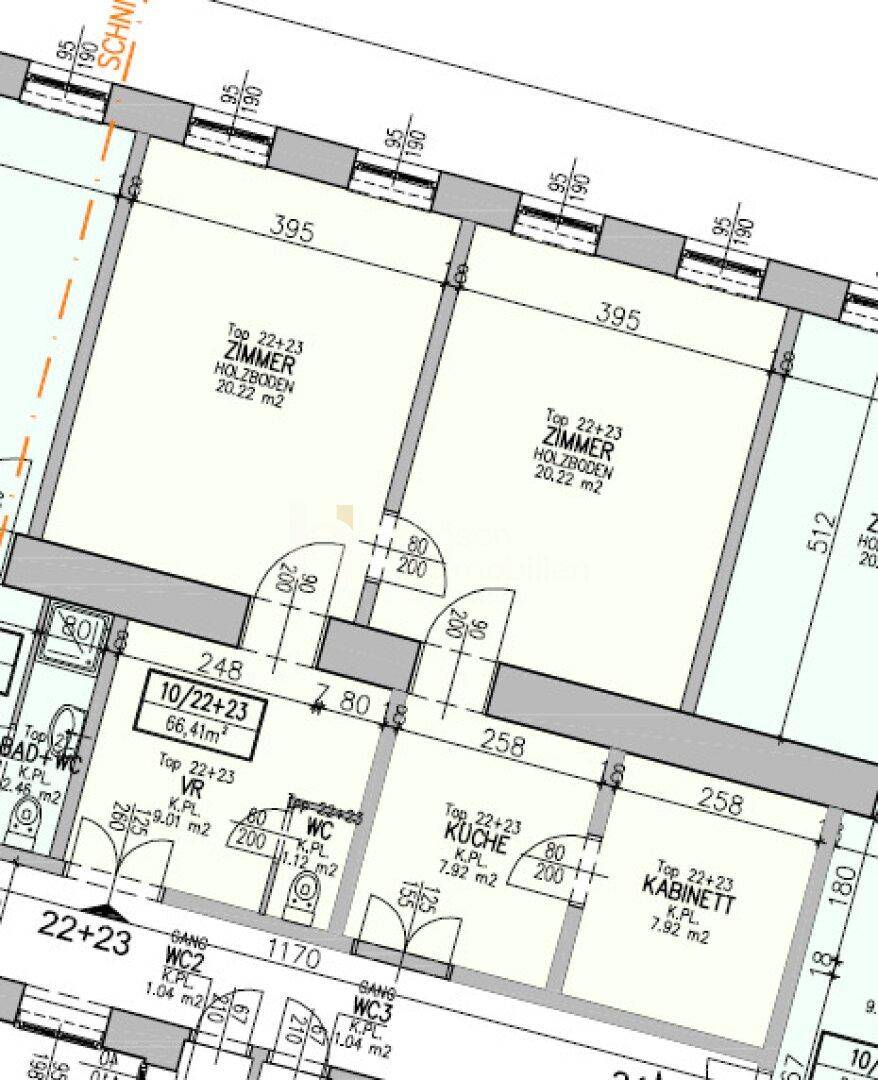Grundriss einer Wohnung mit mehreren Zimmern, Küche und zwei Bädern.
