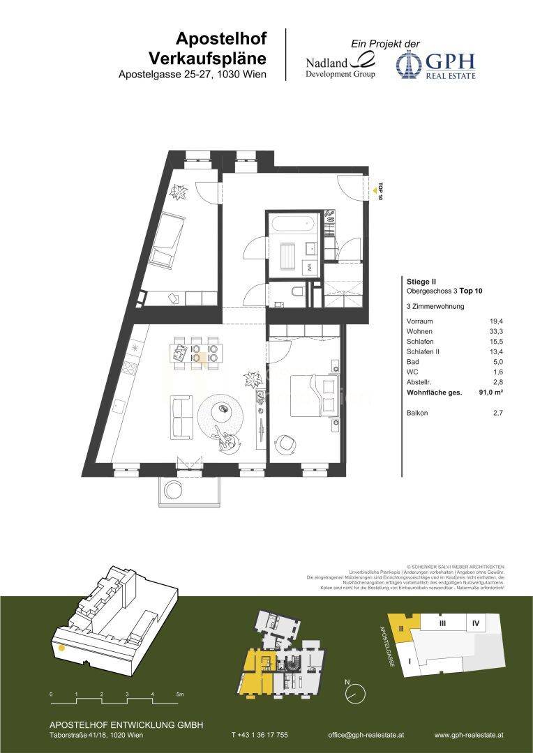 Grundriss einer 3-Zimmer-Wohnung mit Balkon und offenem Wohnbereich.