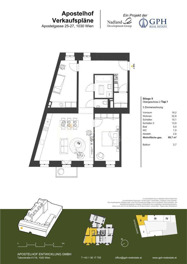 Grundriss der 3-Zimmer-Wohnung mit Balkon und detaillierter Flächenaufteilung.
