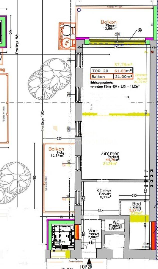 Grundriss einer Wohnung mit zwei Balkonen, Zimmern, Küche, Bad und separatem WC.