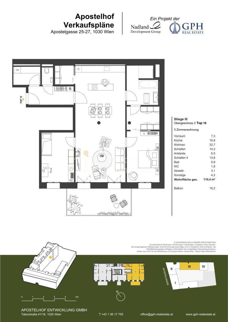 Detaillierter Grundriss einer 3-Zimmer-Wohnung mit Balkon und 110,4 m² Wohnfläche.
