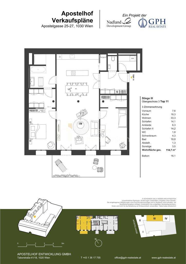 Grundriss einer 3-Zimmer-Wohnung mit 114,7 m² Wohnfläche und Balkon.