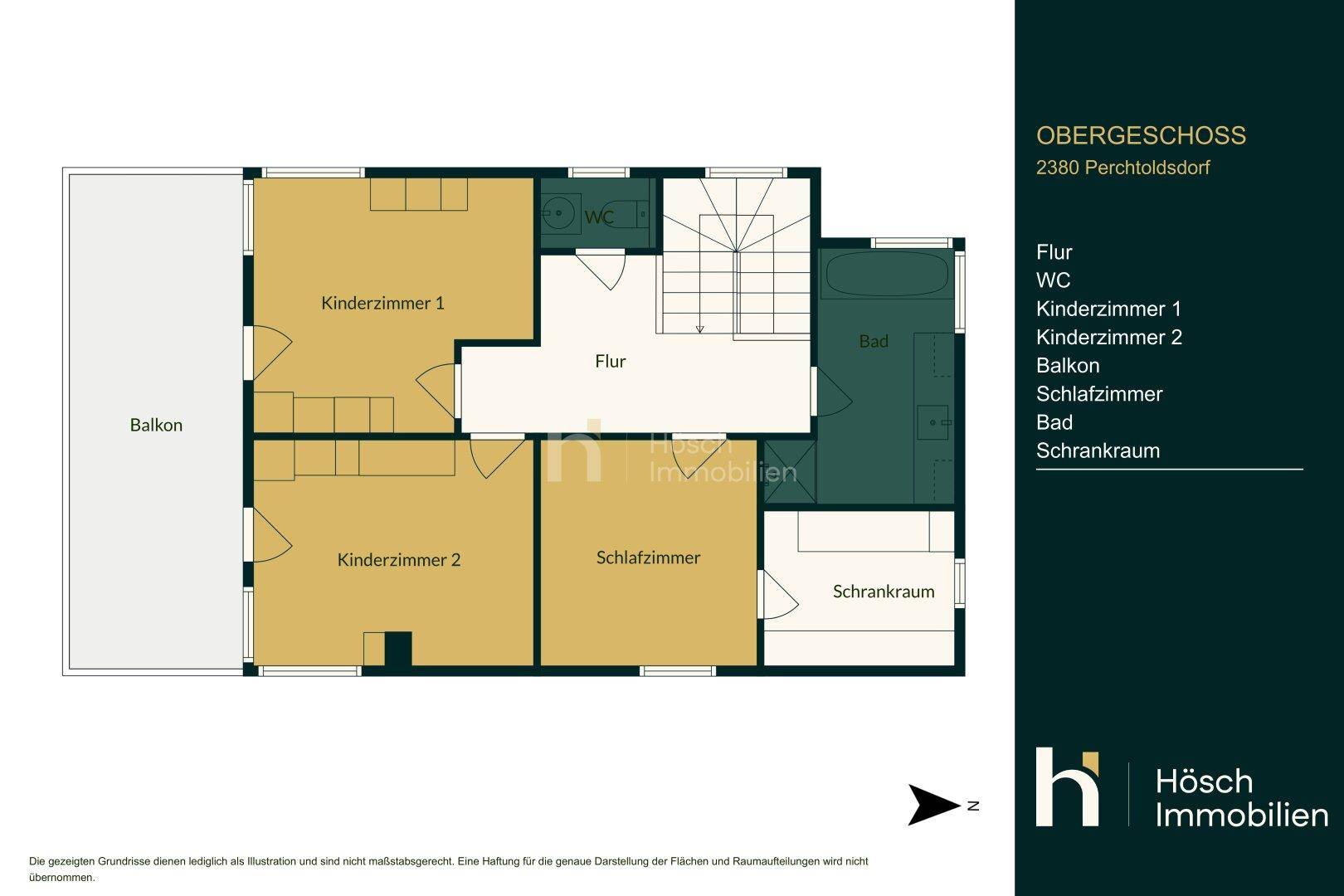 Grundriss des Obergeschosses mit Schlafzimmern, Bad, separatem WC und Balkon.