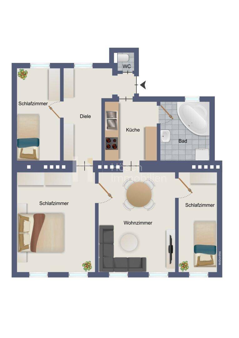 Farbiger Grundriss einer Wohnung mit drei Schlafzimmern, Wohnzimmer, Küche, Bad und separatem WC.
