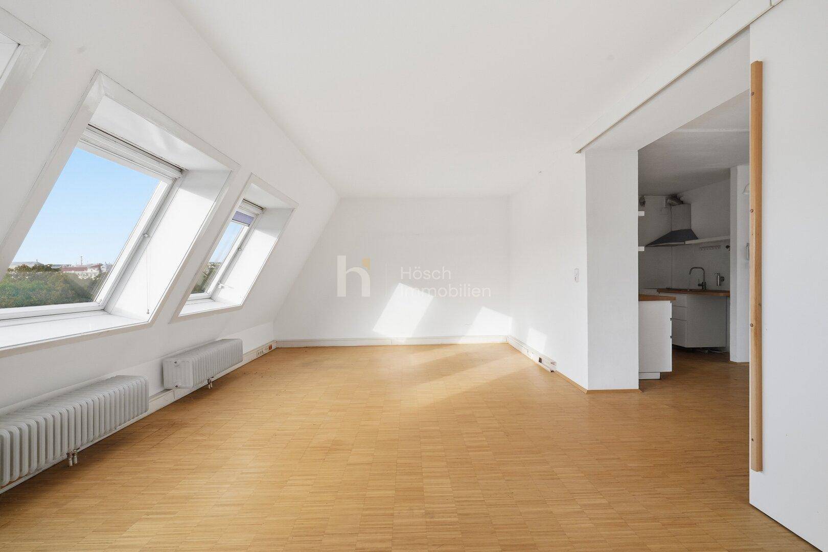 Geräumiger Wohnbereich mit Holzboden, Dachfenstern und offenem Zugang zu einer Küchenzeile.