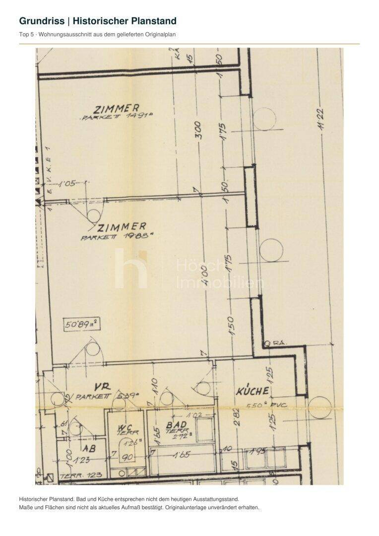 Historischer Grundriss zeigt die ursprüngliche Raumaufteilung mit Parkett und Terrasse.