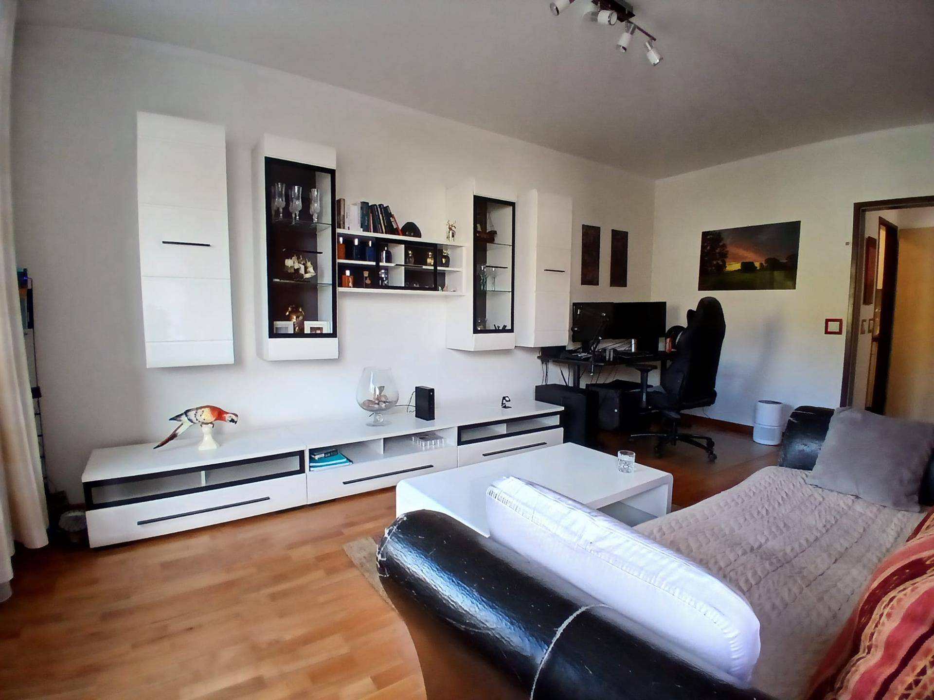 Geräumiges Wohnzimmer mit weißer Schrankwand, Holzboden und einem integrierten Arbeitsbereich. Die Einrichtung ist modern.
