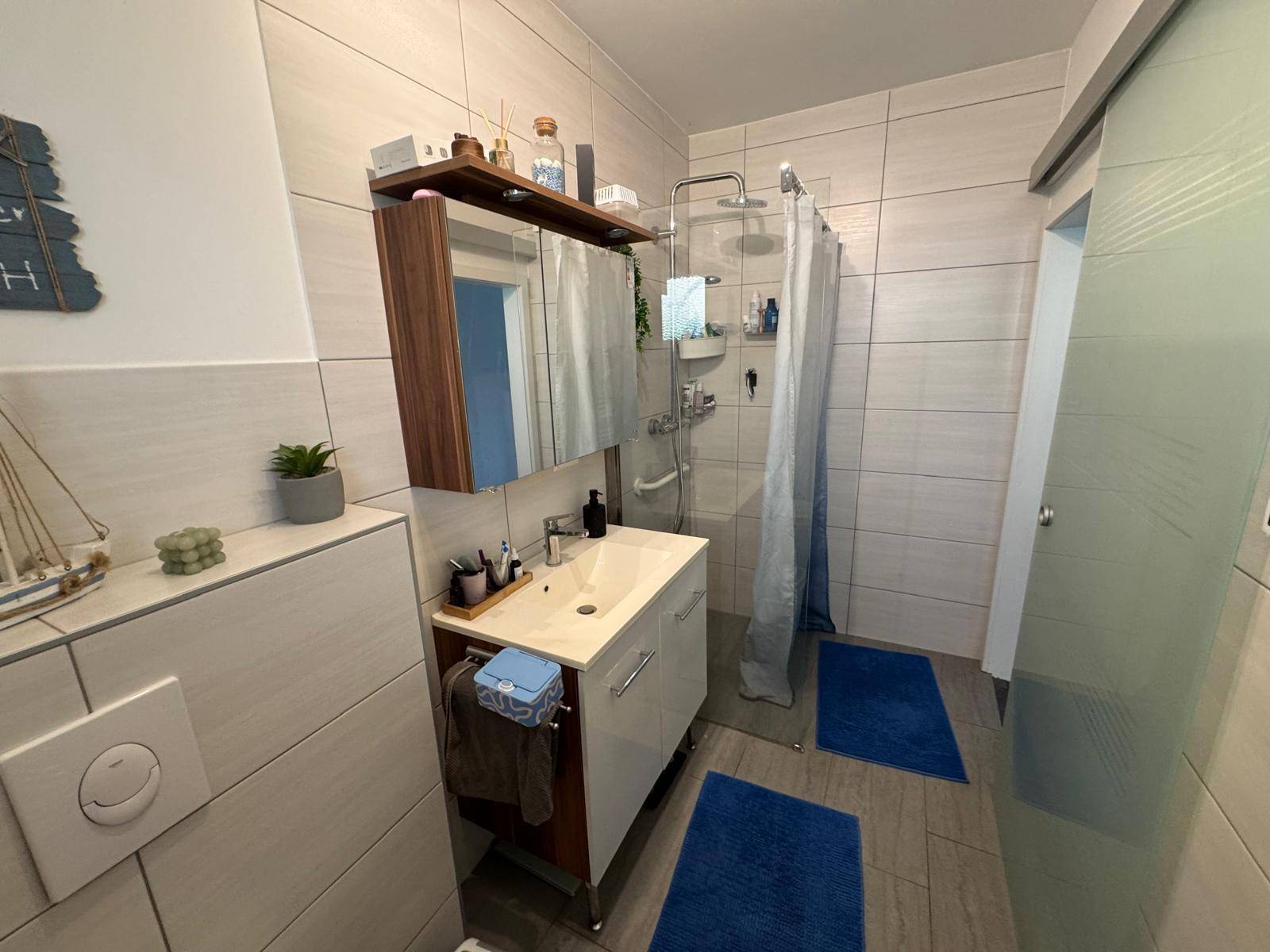 Modernes Badezimmer mit begehbarer Dusche, Einzelwaschbecken und Spiegelschrank.