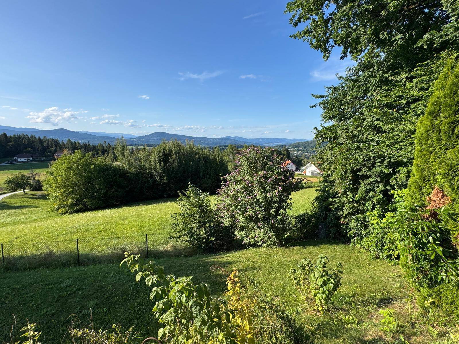 Panoramablick über sanfte Hügel und Wälder, mit vereinzelten Häusern in der Ferne.