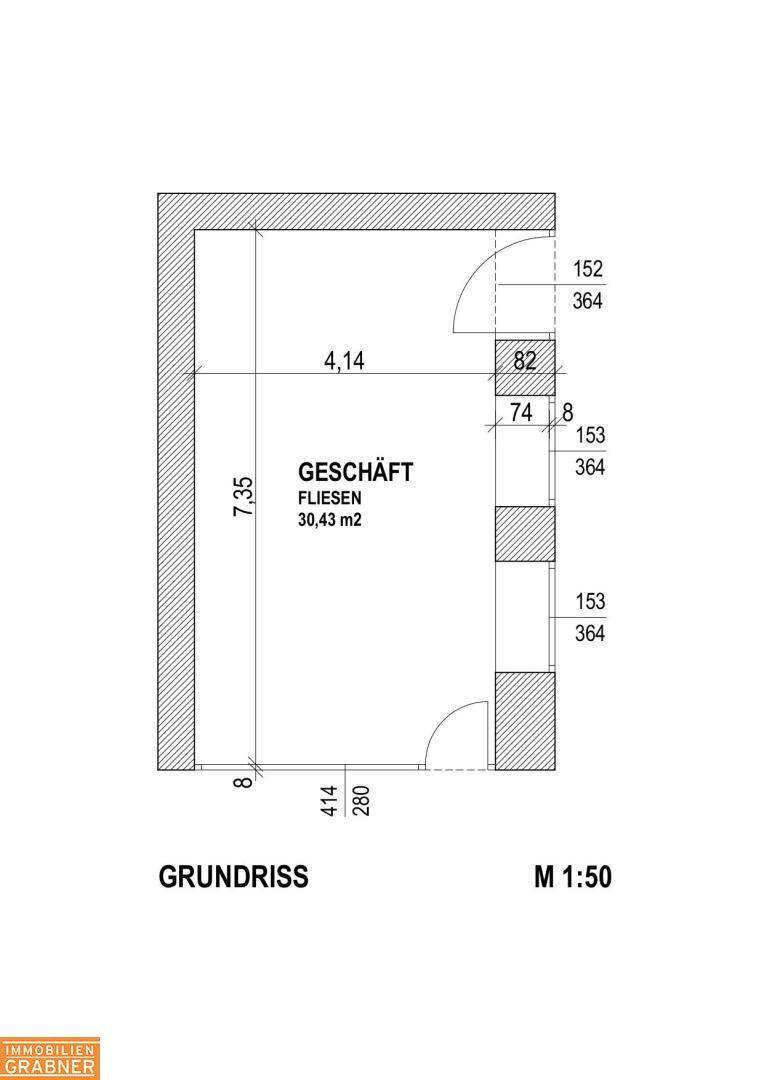 Grundriss eines Geschäftsraums mit angegebenen Maßen und der Kennzeichnung für Fliesenboden.