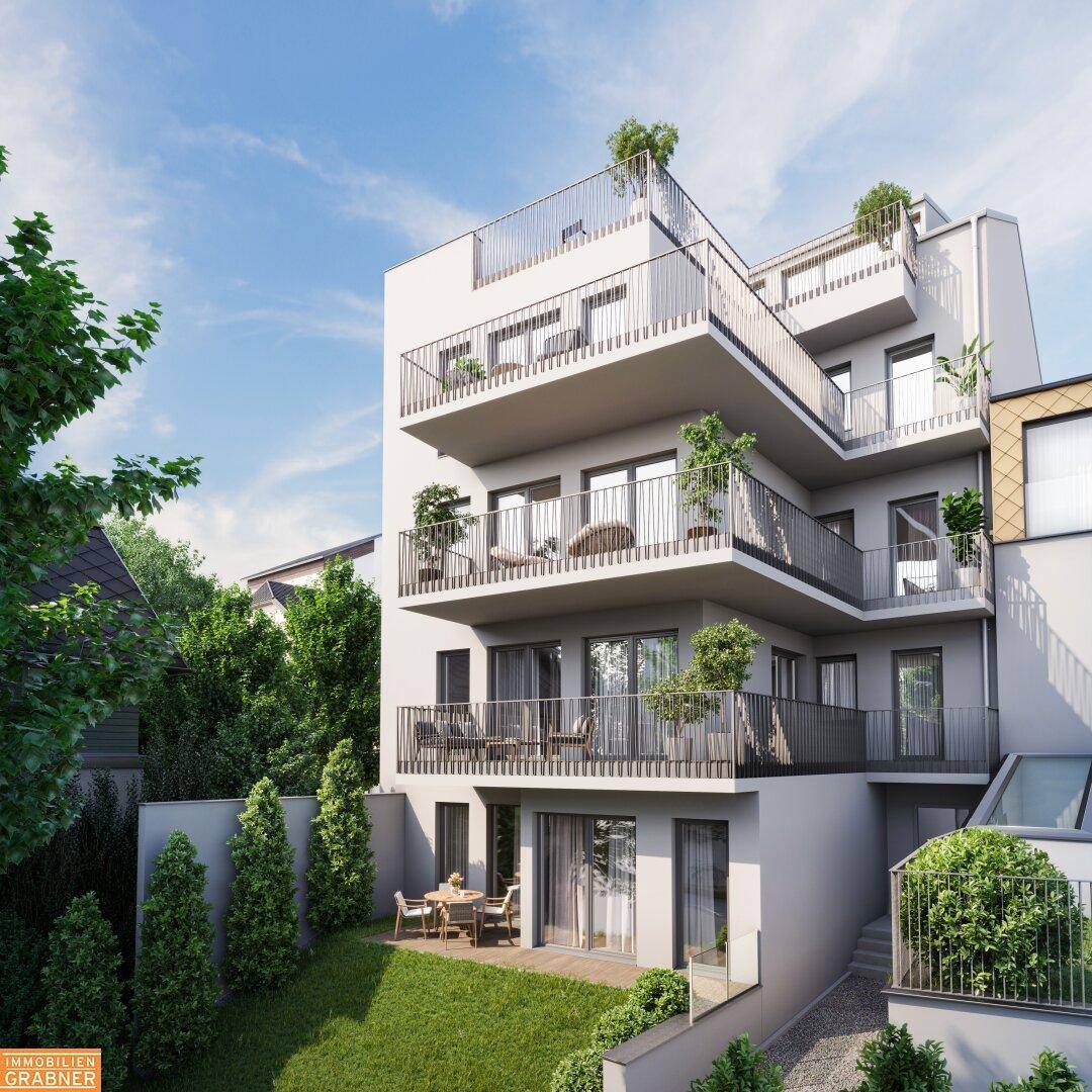 Moderne Wohnanlage mit mehreren Balkonen und Terrassen, umgeben von Grünflächen.