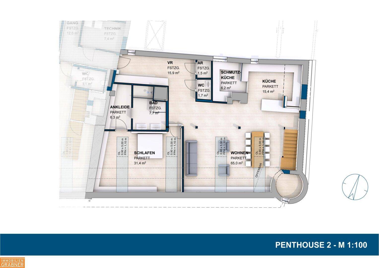 Grundriss des Penthouses 2 mit offenem Wohnbereich, Schlafzimmer und Ankleide.
