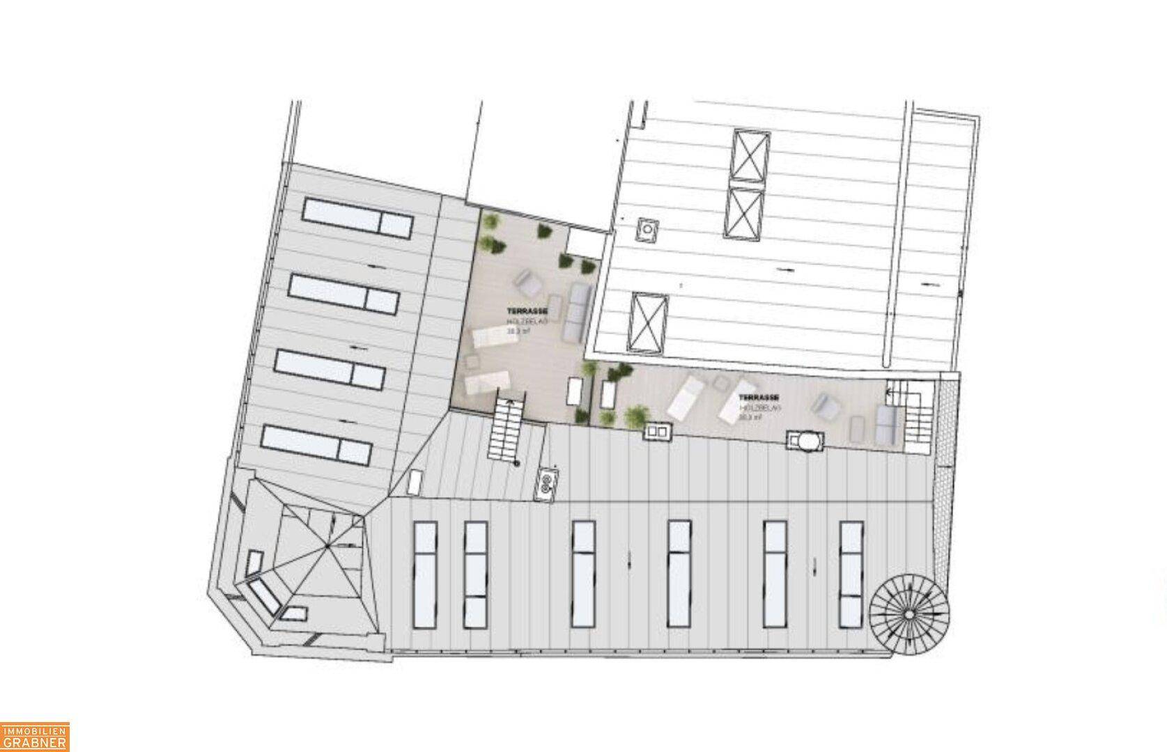 Grundriss der Dachterrasse mit verschiedenen Sitzbereichen und Pflanzen.