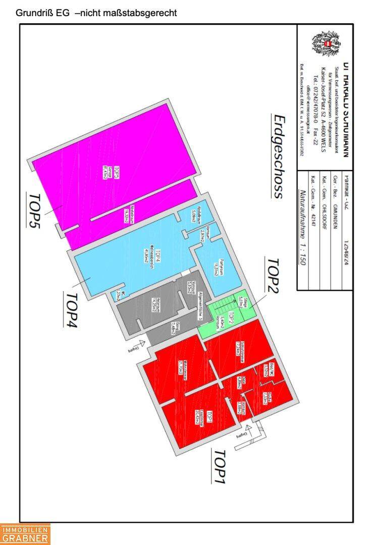 Übersichtsplan des Erdgeschosses mit verschiedenen Wohneinheiten und deren Aufteilung.