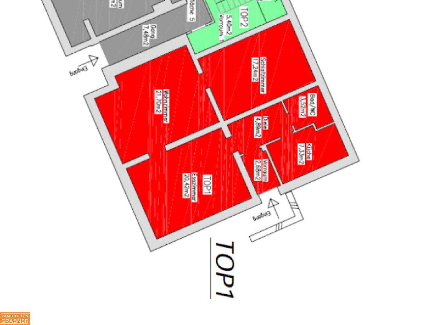 Grundrissplan von Wohneinheit TOP1 mit Wohnzimmer, Schlafzimmer und Küche.