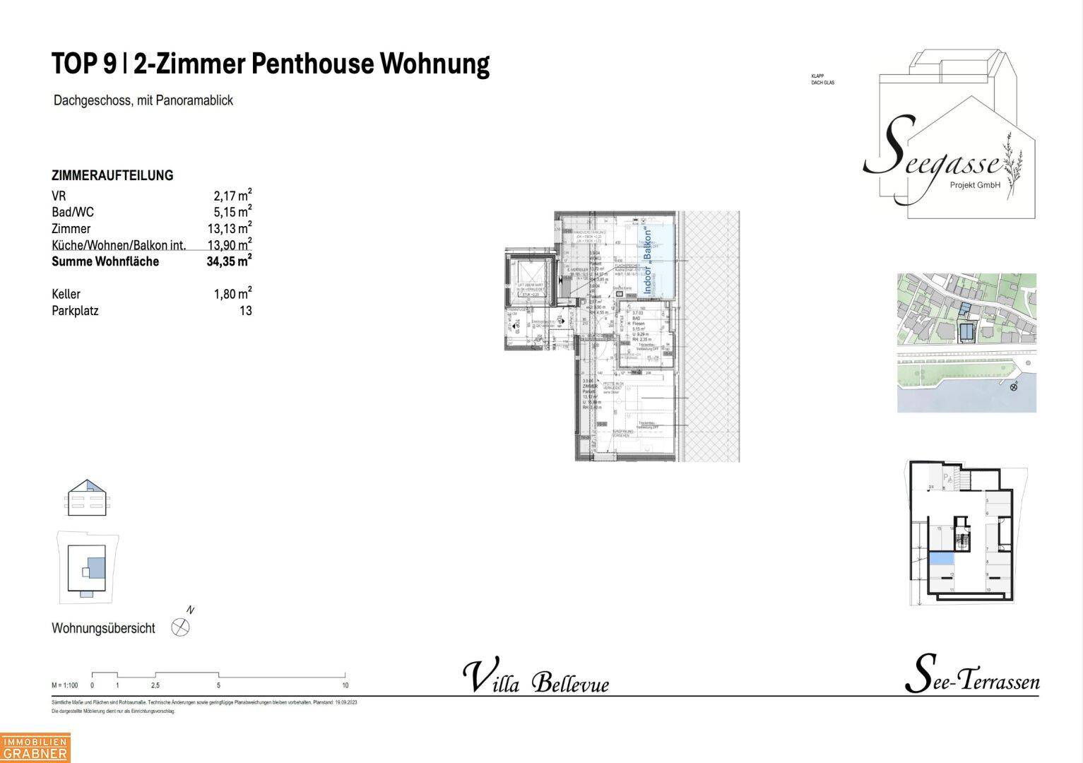 Grundriss der 2-Zimmer Penthouse Wohnung im Dachgeschoss mit Panoramablick und detaillierter Raumaufteilung.