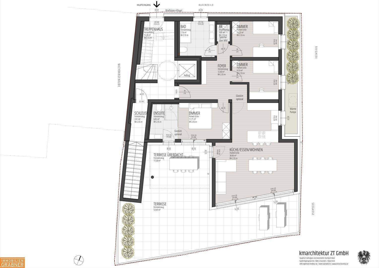 Grundriss einer Wohnung mit mehreren Zimmern, zwei Bädern und großer Terrasse.