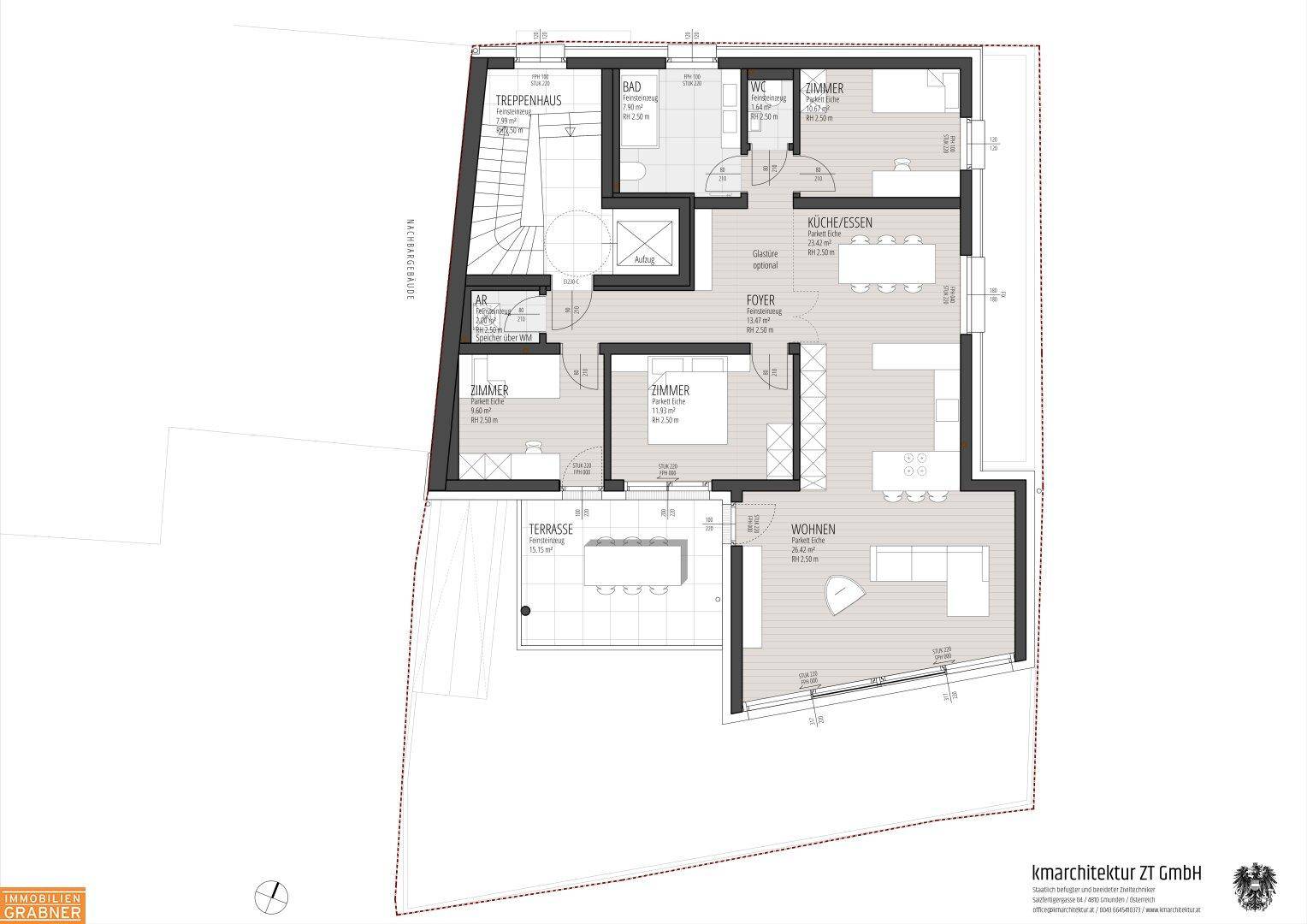Grundrissplan einer Wohnung mit offenem Wohnbereich, Terrasse und mehreren Zimmern.