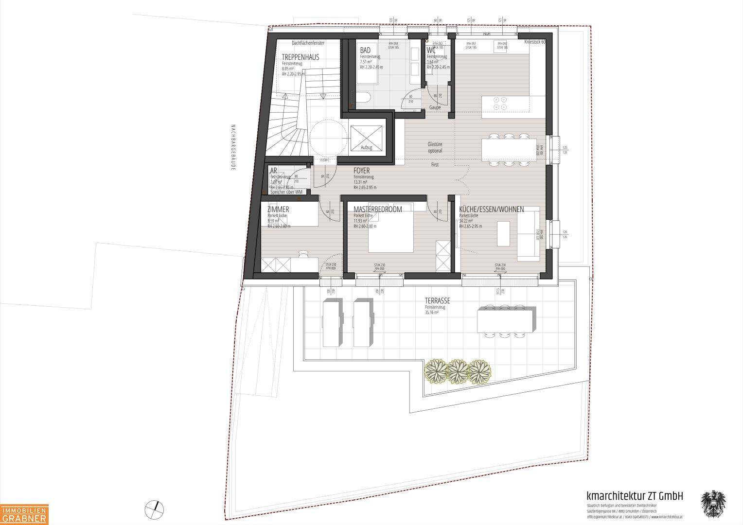 Detaillierter Grundriss mit offenem Wohnbereich, zwei Schlafzimmern und großer Terrasse.
