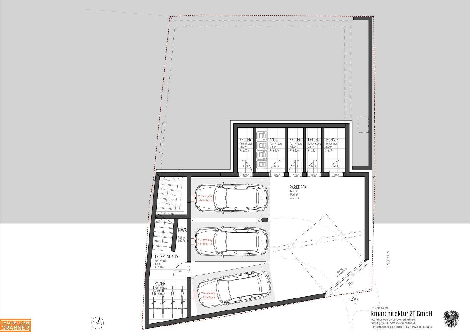 Grundriss des Untergeschosses mit Parkdeck, Kellerräumen, Fahrradabstellplatz und Treppenhaus.