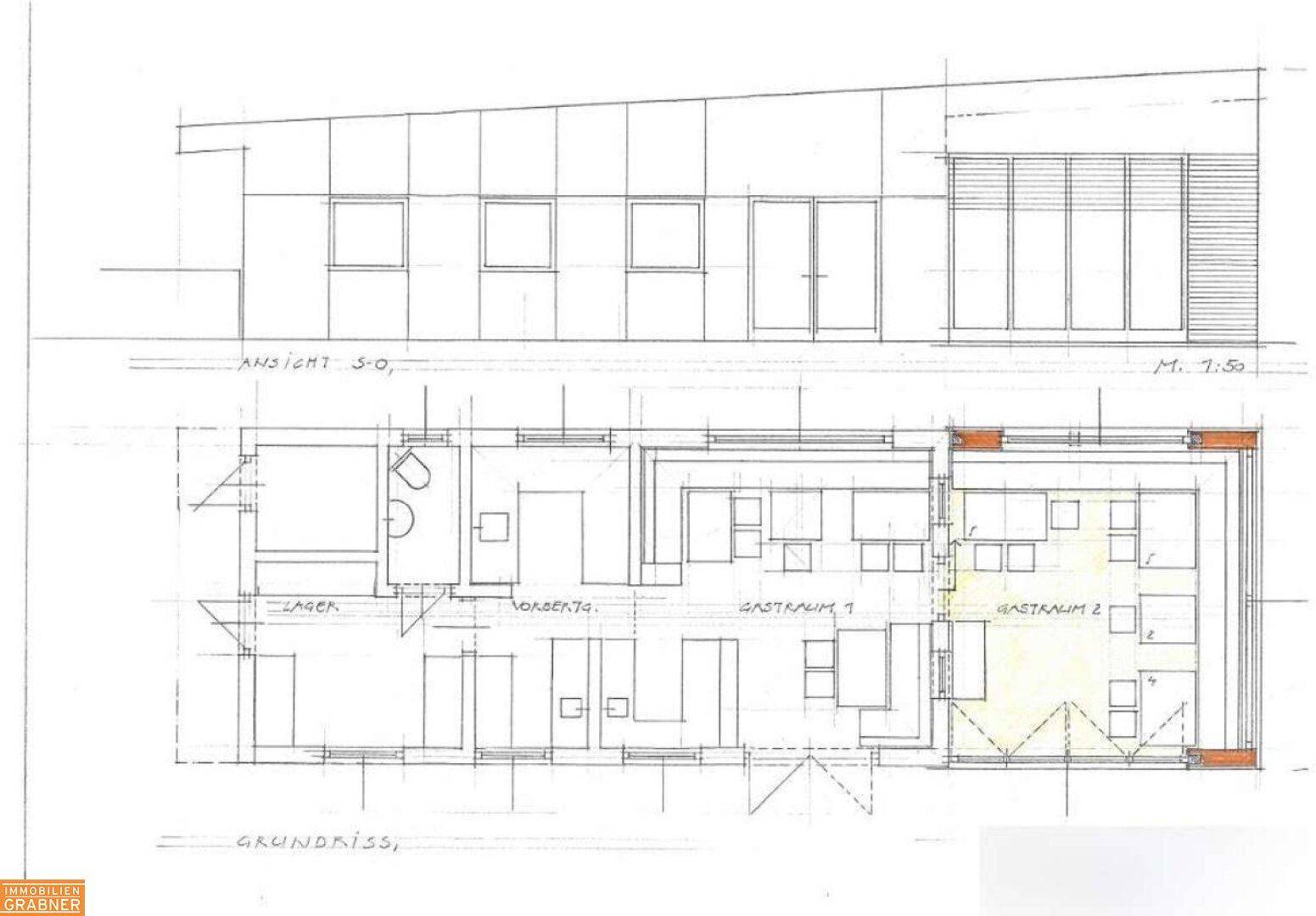 Architektonischer Grundriss und Ansicht eines Gebäudes mit zwei Gasträumen und Lagerbereichen.