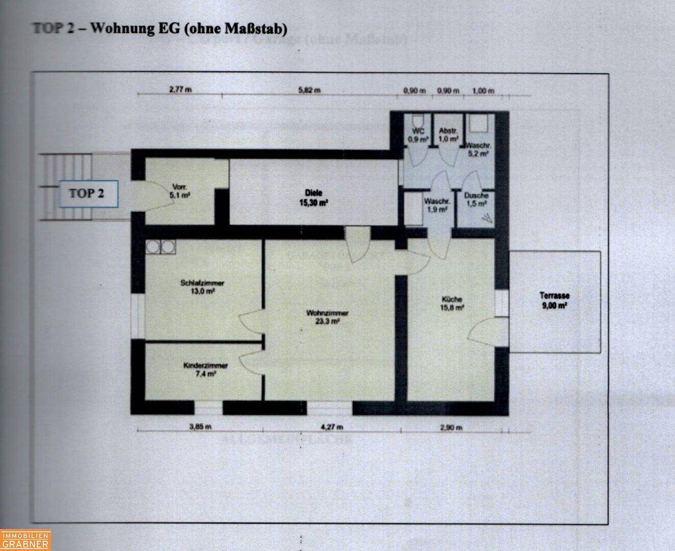 Grundriss der Wohnung TOP 2 im Erdgeschoss mit Terrasse und mehreren Zimmern.