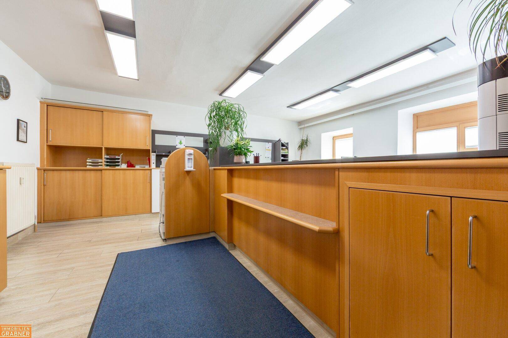 Funktionaler Empfangsbereich mit Holzmöbeln, Teppich und Pflanzen.