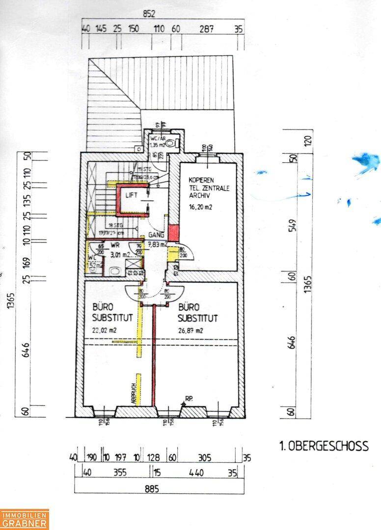 Grundriss des ersten Obergeschosses mit Büroräumen und zentralem Archiv.