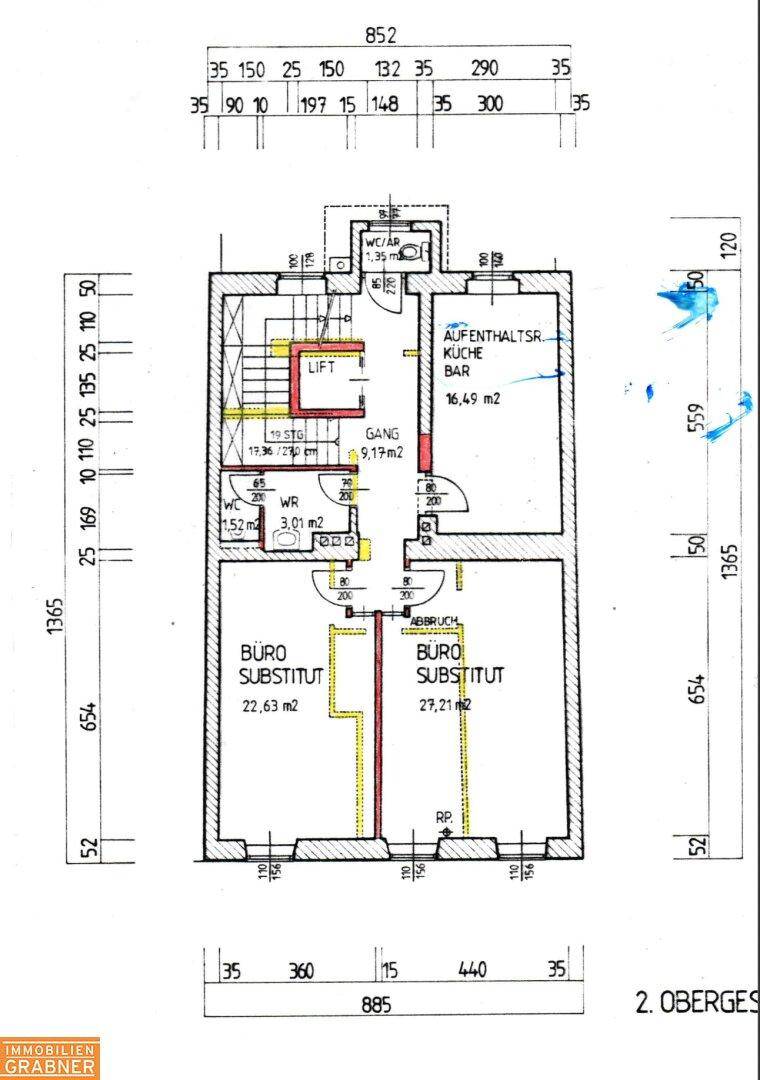 Grundriss des zweiten Obergeschosses mit Büroräumen und Aufenthaltsküche.