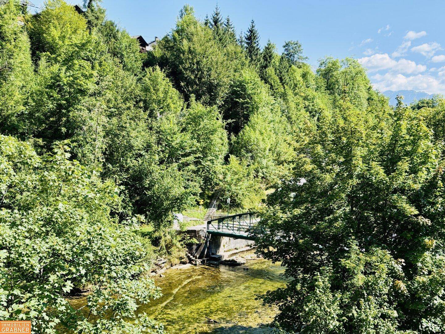 Flusslandschaft umgeben von dichtem Grün und Bäumen mit einer kleinen Brücke im Hintergrund.