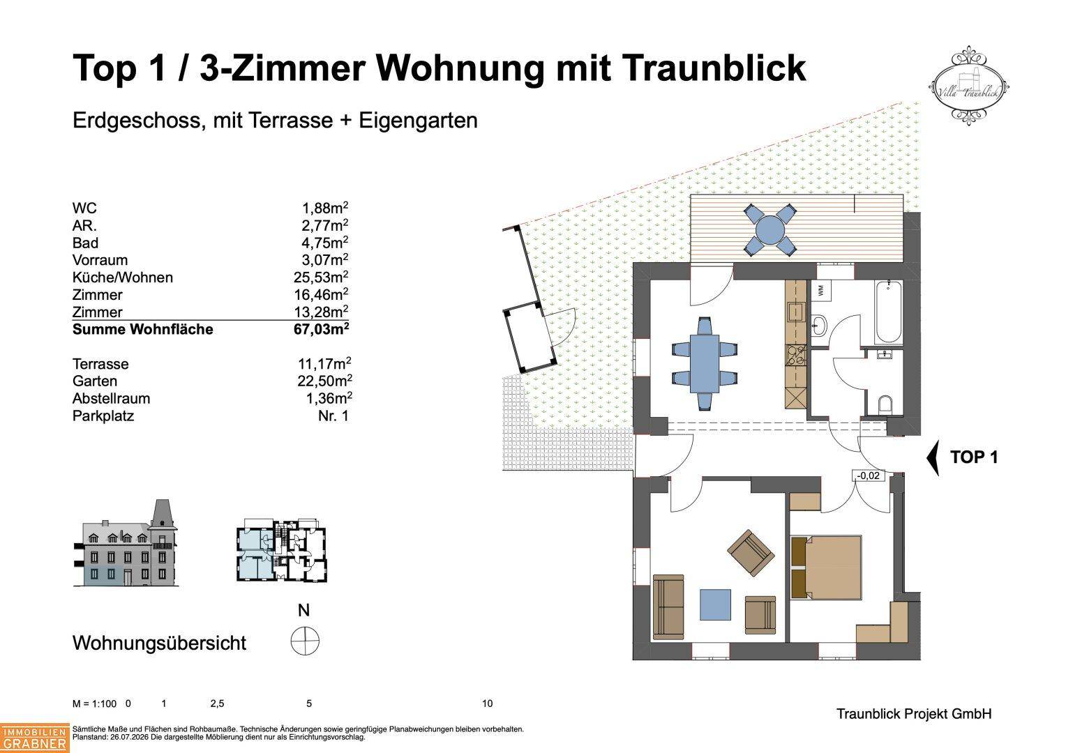 Grundriss einer 3-Zimmer-Wohnung im Erdgeschoss mit Terrasse und eigenem Garten.