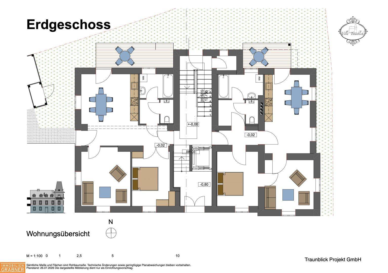 Grundriss des Erdgeschosses mit zwei Wohnungen, jeweils mit Terrasse und Garten.