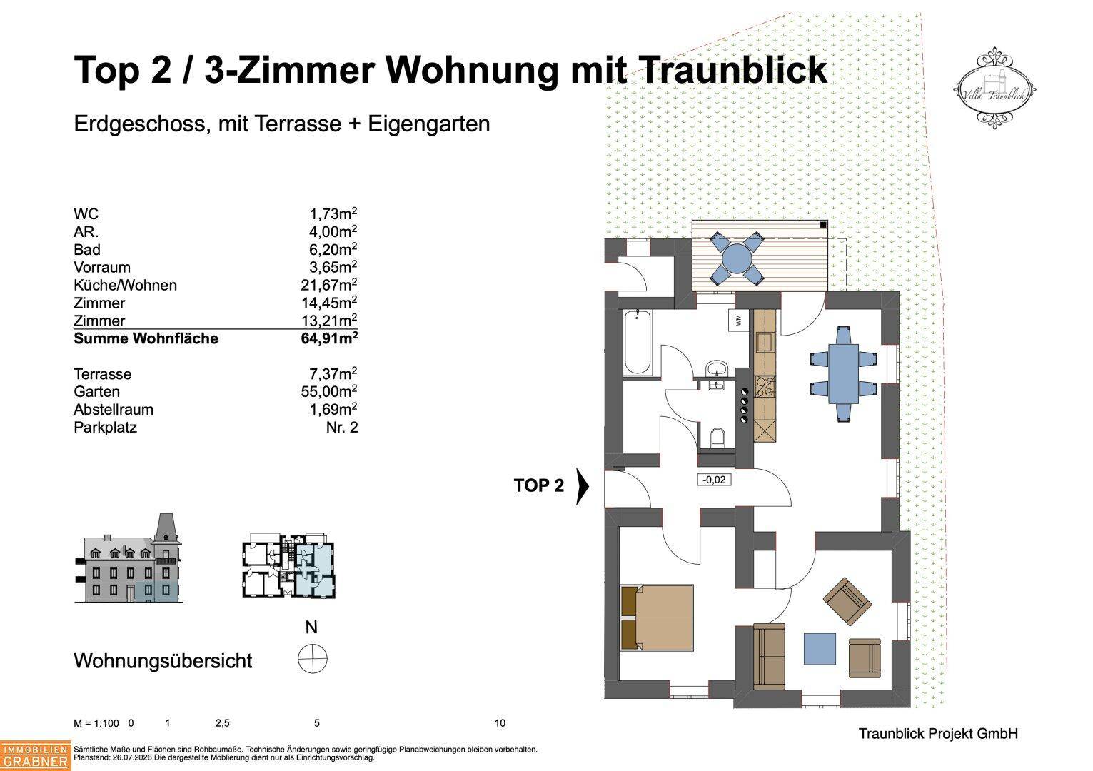 Grundriss einer 2-3 Zimmer Wohnung im Erdgeschoss mit Terrasse und Garten.