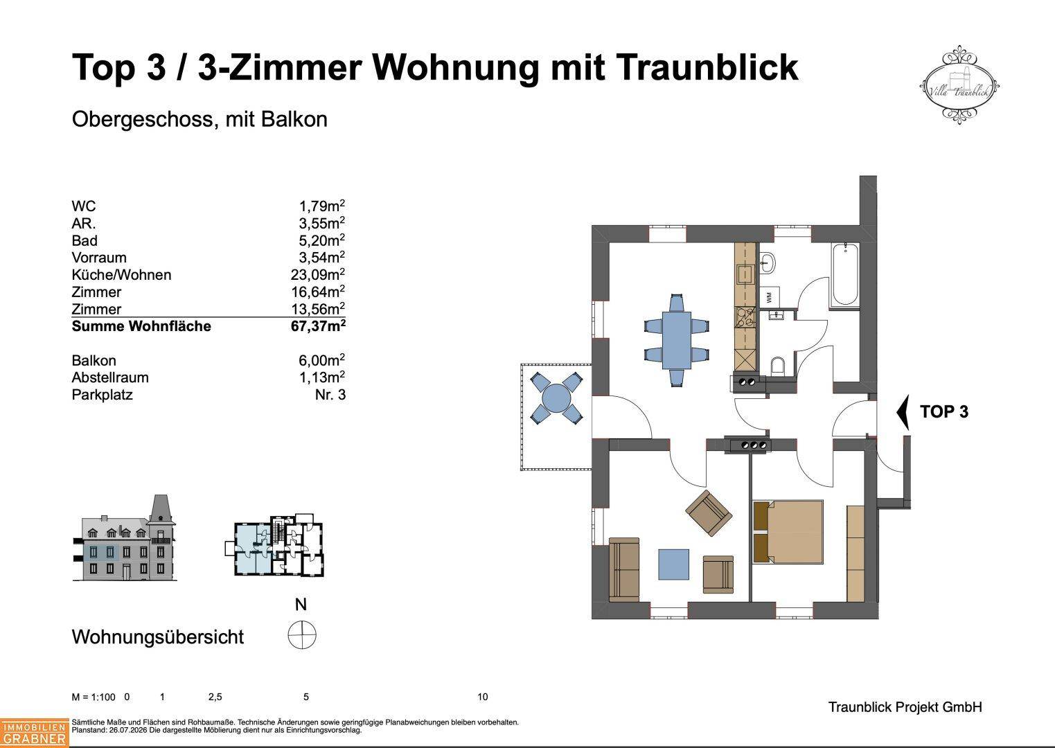 Grundriss der 3-Zimmer-Wohnung Top 3 mit Balkon und offenem Wohn-Essbereich.