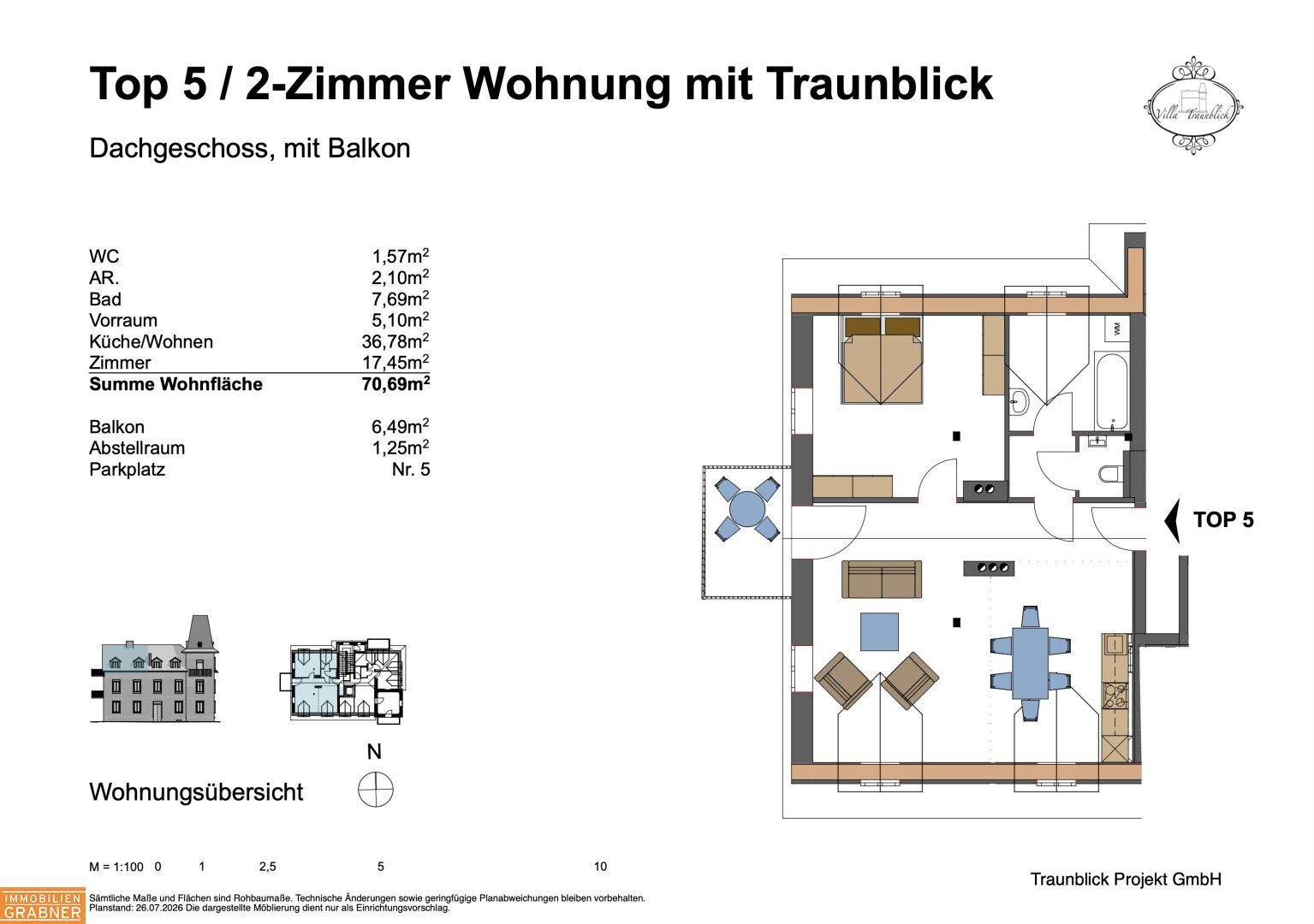 Grundriss der 2-Zimmer-Wohnung Top 5 im Dachgeschoss mit Balkon und offener Wohnküche.