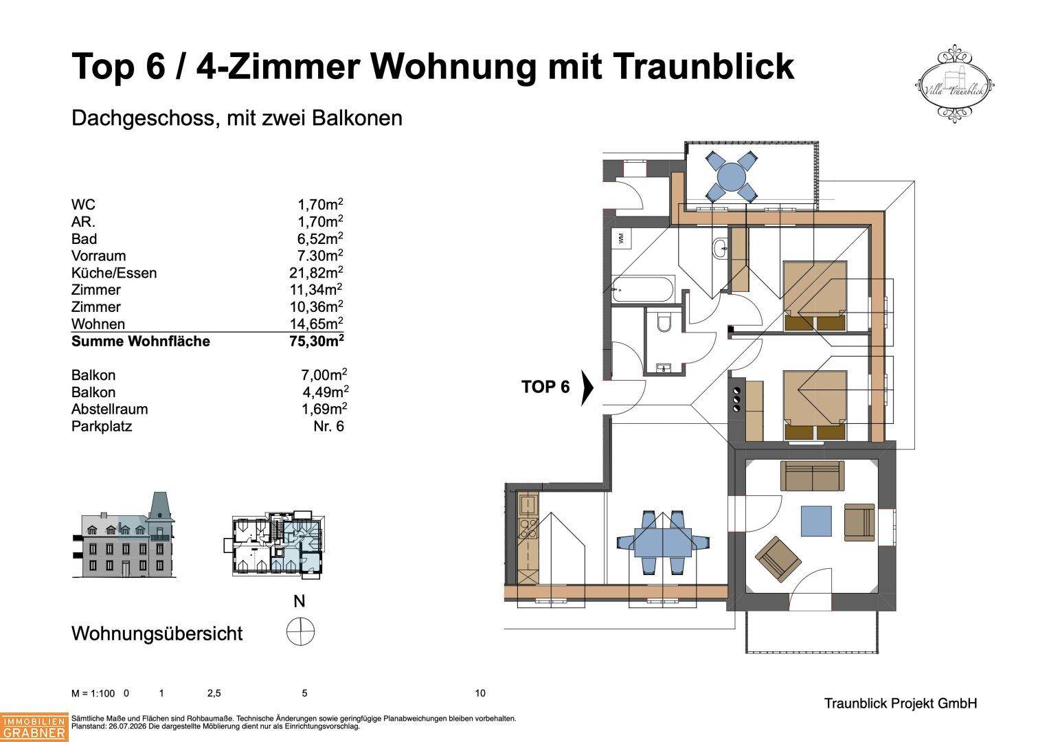 Grundriss der Dachgeschosswohnung Top 6 mit vier Zimmern, zwei Balkonen und Traunblick.