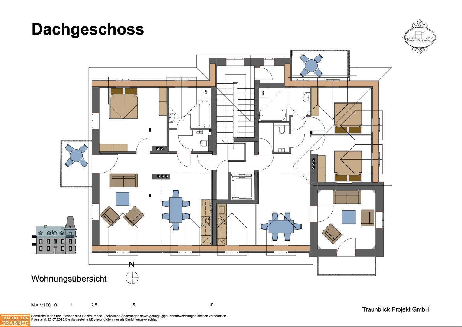 Gesamtgrundriss des Dachgeschosses mit mehreren Wohneinheiten und Treppenhaus.