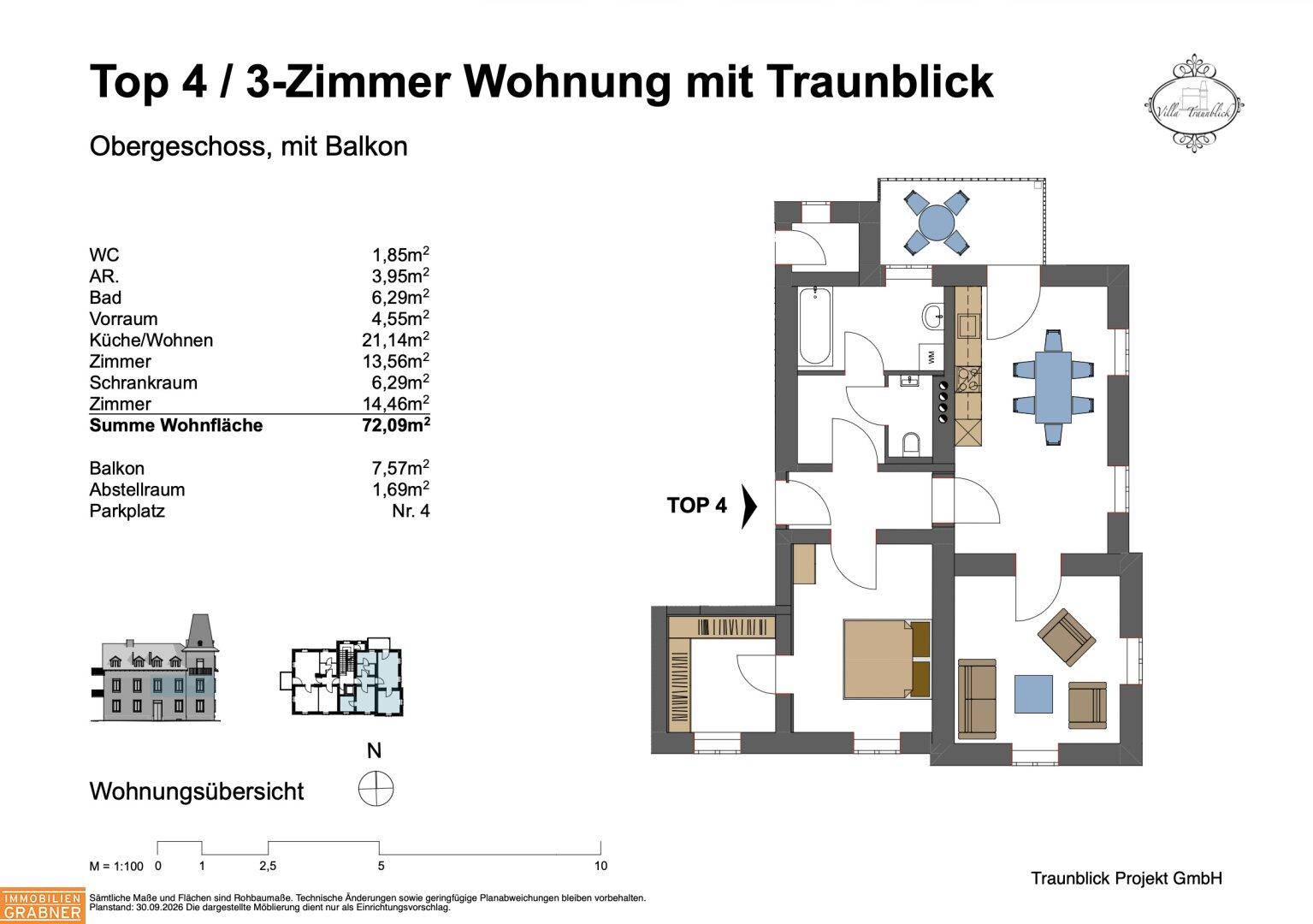 Grundriss einer 3-Zimmer-Wohnung im Obergeschoss mit Balkon und separatem WC.