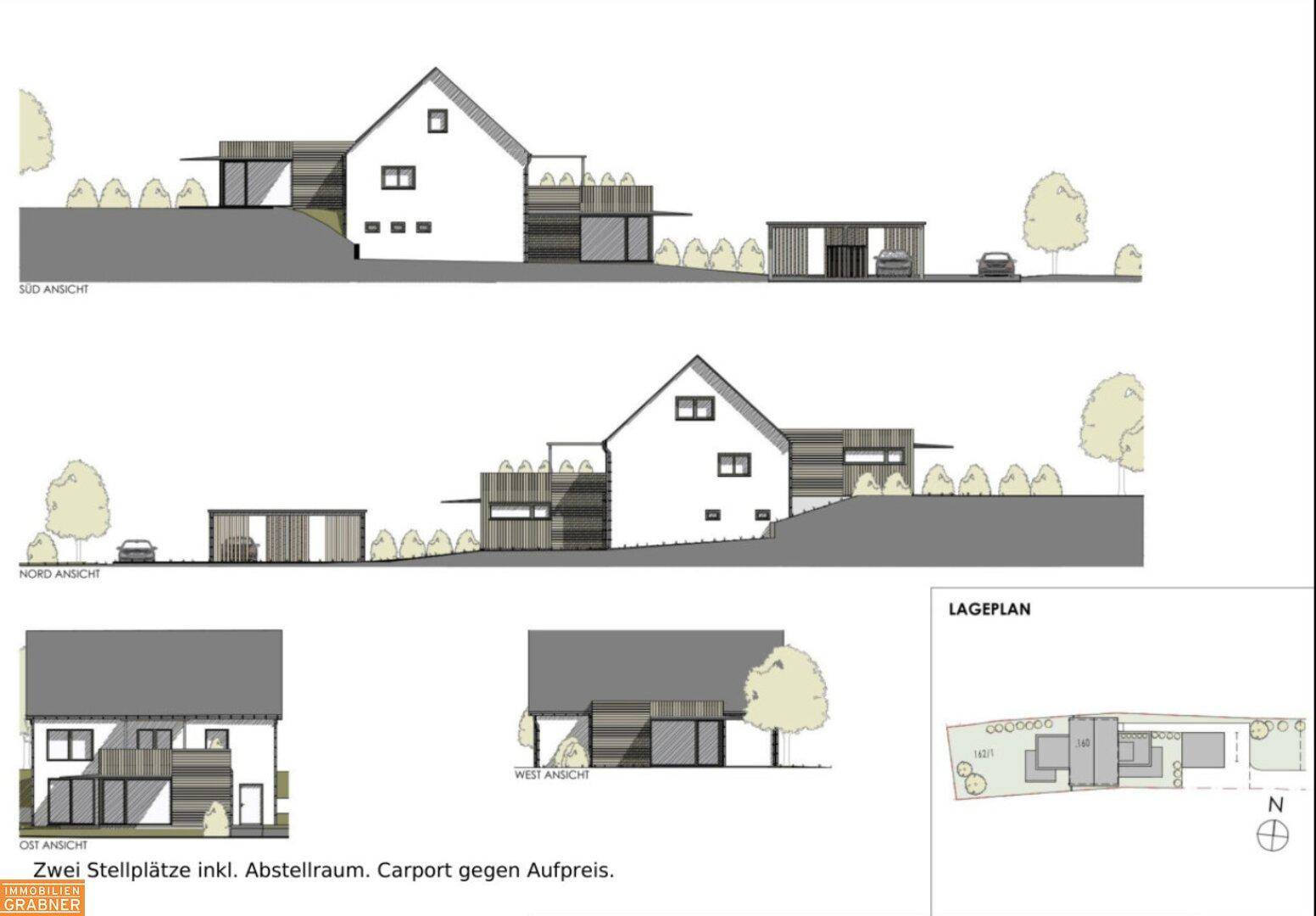 Architektonische Ansichten des Gebäudes von verschiedenen Seiten mit Balkonen und Carport.