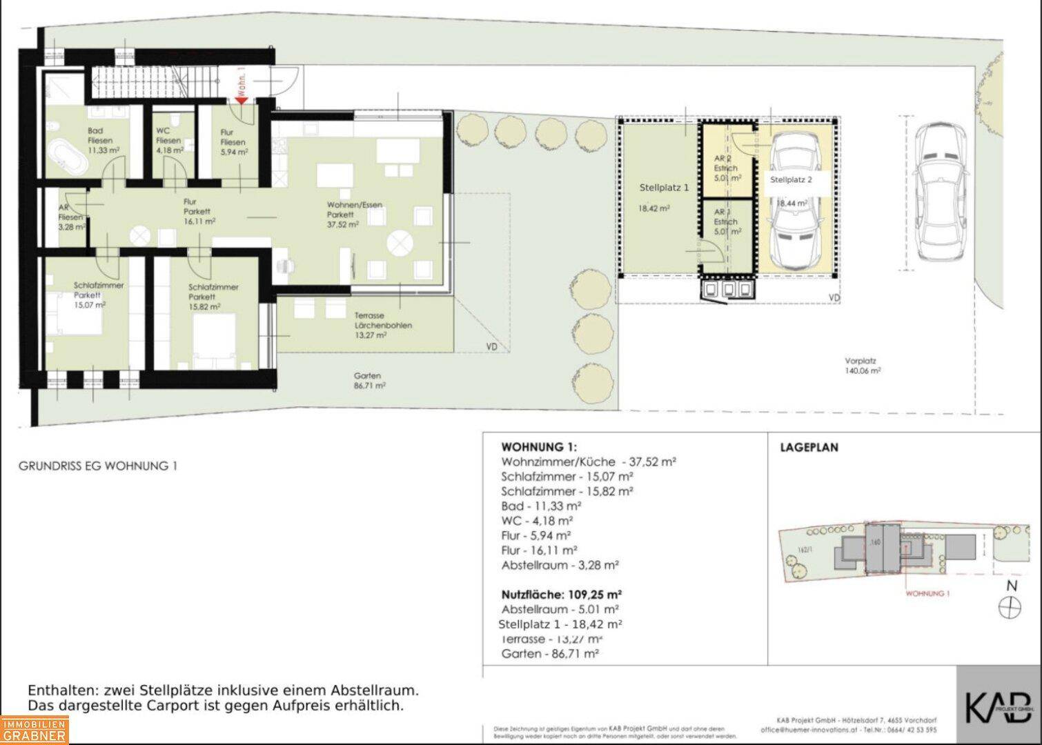Grundriss der Wohnung 1 im Erdgeschoss mit offenem Wohnbereich, Terrasse und privatem Garten.