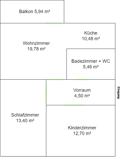 Grundriss der Wohnung mit Wohnzimmer, Küche, Schlafzimmer, Kinderzimmer und Balkon.