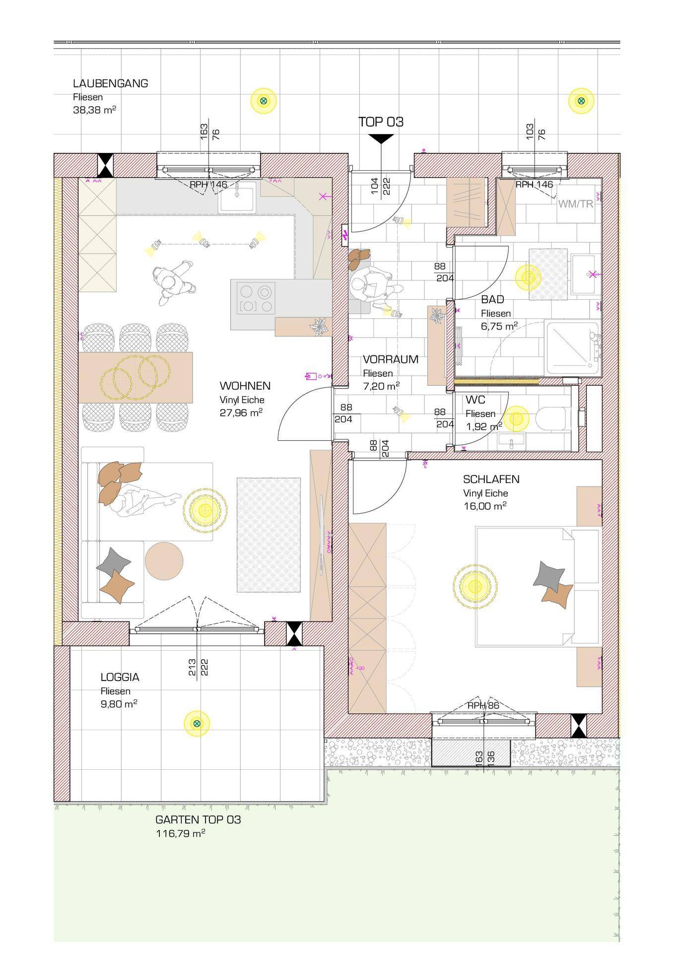 Detaillierter Grundriss einer Wohnung mit Wohnbereich, Schlafzimmer, Bad und Loggia.
