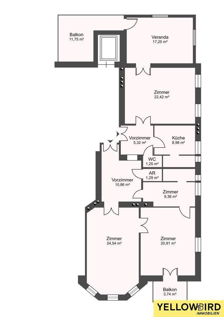 Grundrissplan mit Zimmern, Balkonen, Veranda und Abstellraum, inklusive Flächenangaben.