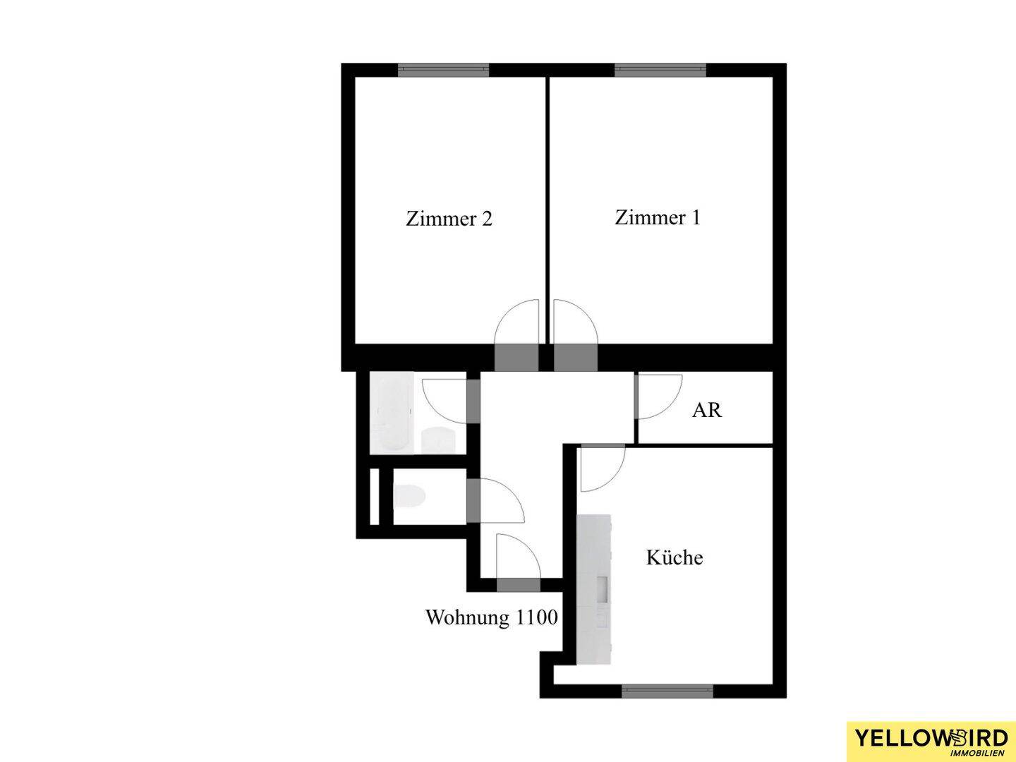 Grundriss einer Wohnung mit zwei Zimmern, Küche, Bad und Abstellraum.