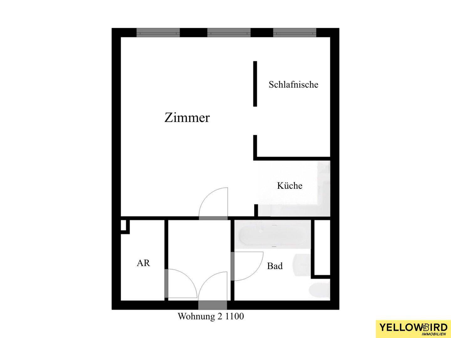 Grundriss einer Einzimmerwohnung mit Schlafbereich, Küche, Bad und Abstellraum.