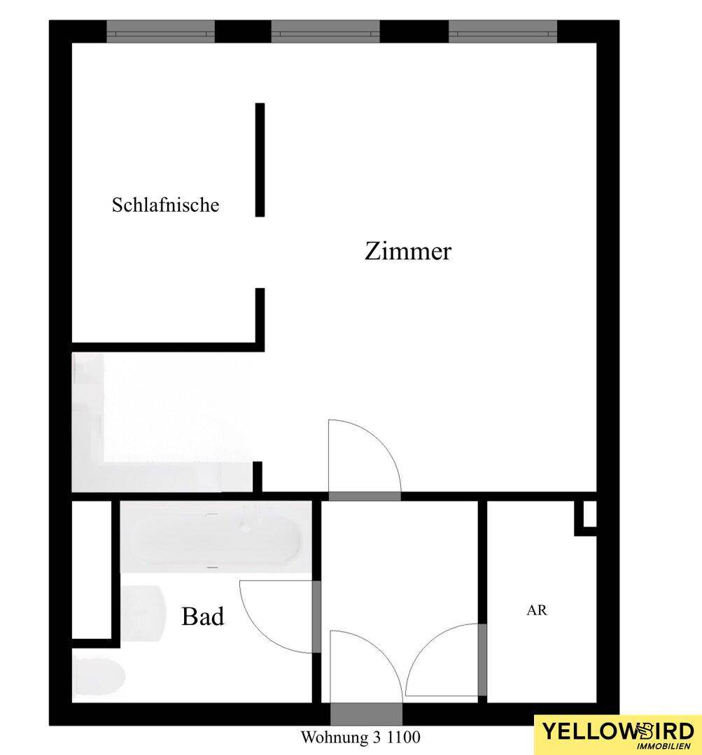 Grundriss einer Einzimmerwohnung mit Schlafbereich, Bad und Abstellraum.