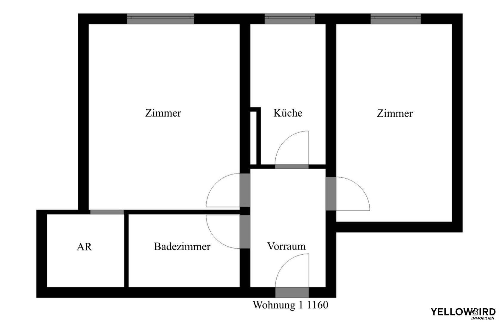 Grundriss einer Wohnung mit zwei Zimmern, Küche, Bad und Abstellraum.
