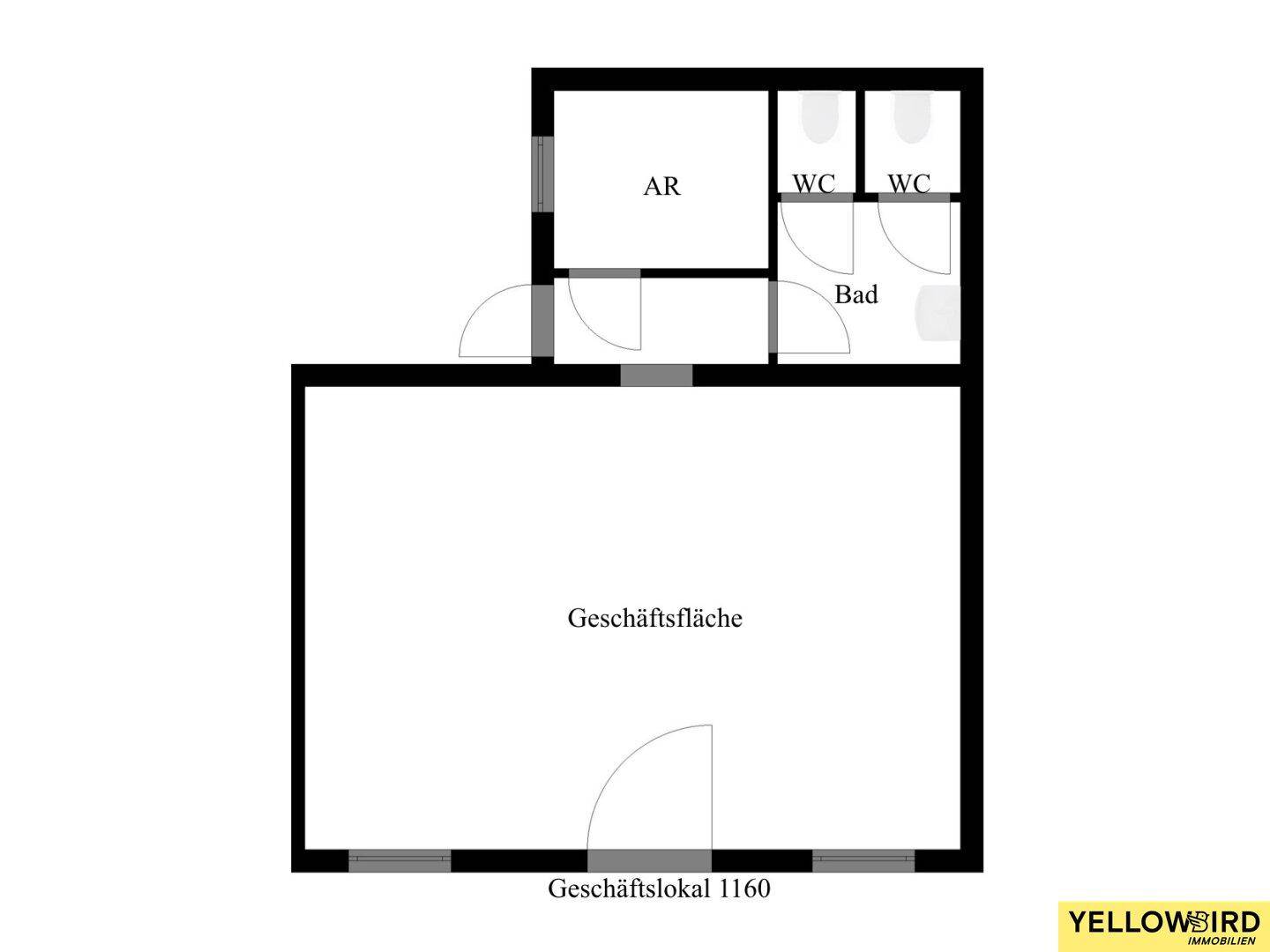 Grundriss einer Geschäftsfläche mit Bad, zwei WCs und Abstellraum.