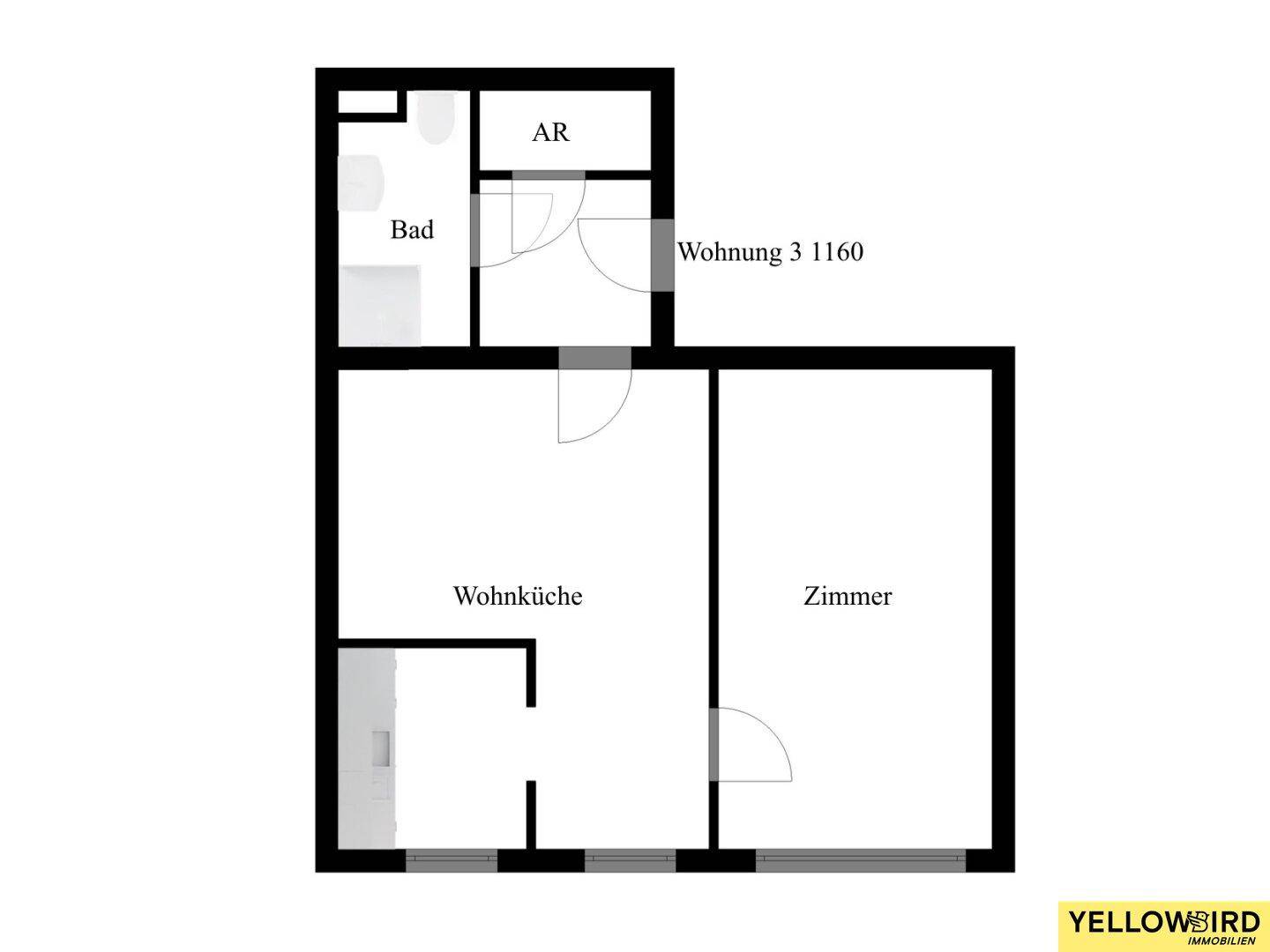 Grundriss einer Wohnung mit Wohnküche, Zimmer, Bad und Abstellraum.