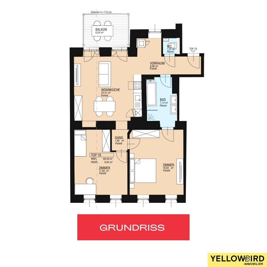 Detaillierter Grundriss einer Wohnung mit Wohnküche, zwei Zimmern, Bad und Balkon.